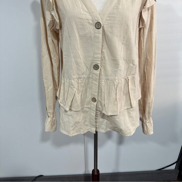 Daisy Lane Size L Cream Cotton Ruffle Button Blouse Top Neutral Farmhouse Rustic - Picture 6 of 11